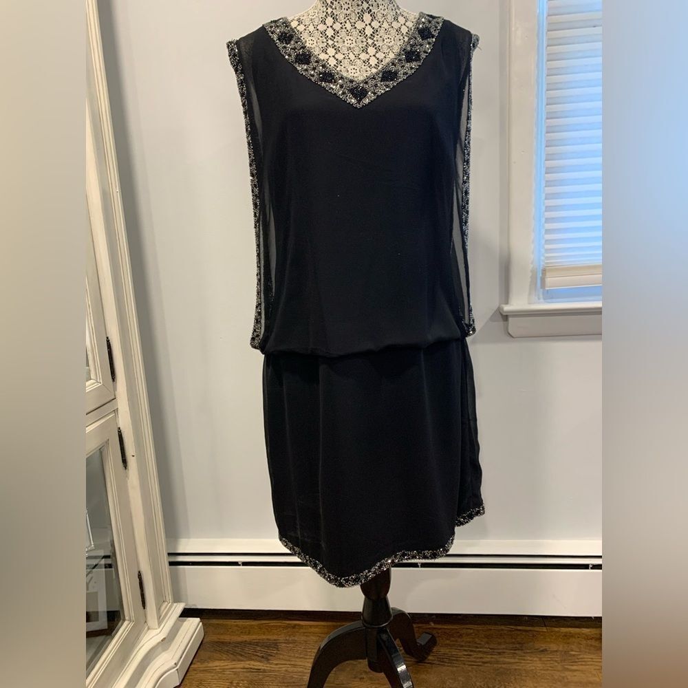 J Kara Black Sheath Mini Dress V-Neck Sleeveless Cocktail